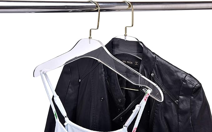 HomeCube USA Clear Acrylic Clothes Hangers with Gold Hooks – Heavy Duty Lucite Design, Elegant & Sturdy for Sweaters, Suits, Jackets, Shirts, Dresses & Boutique Use (5, Large 17")