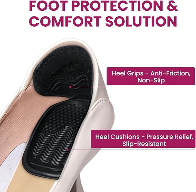 Heel Grips for Women Shoes - Bukihome Heel Pads for Shoes That are Too Big, Non-Slip, Reduce Friction T-Shape Design Shoe Cushions for High Heels, Sandals, Pumps, Flats, Boots (4 Pcs, Black)
