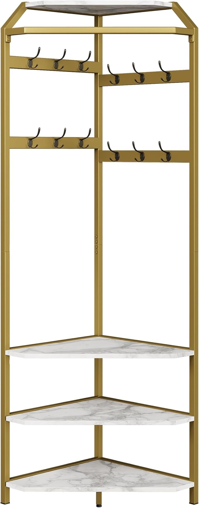 Hallway Coat Rack with 12 Double-Row Hooks and 4 Storage Shelves – Multifunctional Clothes Rack and Shoe Organizer Perfect for Entryway, Hallway and Closet, White & Gold