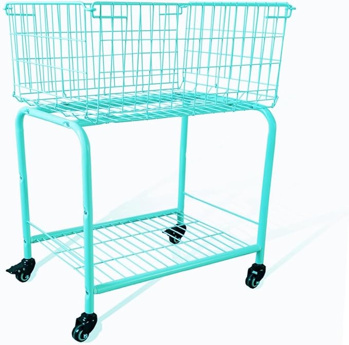 31" height Rolling Laundry Basket with Wheels,2-shape "S" cloth hook in, Foldable Laundry Hamper for room organization with Industrial Wheels for Clothes storage and wash (Turquoise Blue)