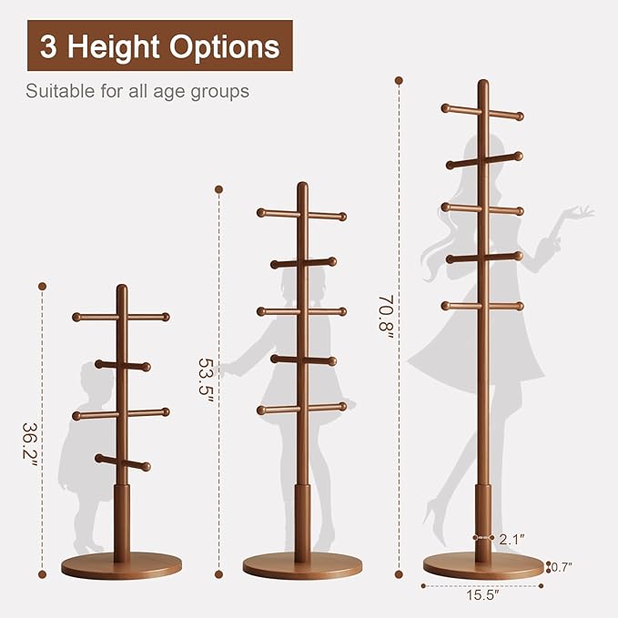 Solid Wood Coat Rack Freestanding with 10 Hooks, Coat tree freestanding 3 Adjustable Heights for coat, Hats, Handbags, Coat Stand for Entryway,Bedroom,office, Walnut