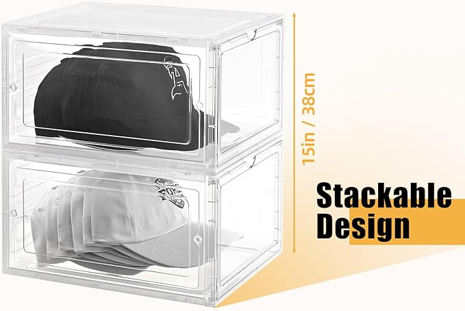 Hat Organizer Box,Stackable Clear Baseball Caps Holder Box Containers with Magnetic Door for Hats Snapback Cap Storage,Clear Hat Storage with Magnetic Door, Holds 20 Hats(clear, 2 pack)