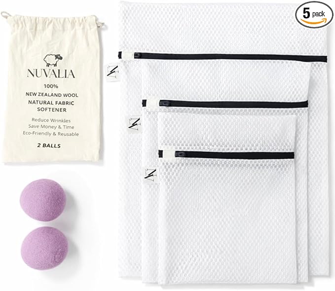 Mesh Laundry Bags for Delicates + 2 Wool Dryer Balls Reusable – Fabric Protection for Washing Machine & Dryer - Laundry Care Set