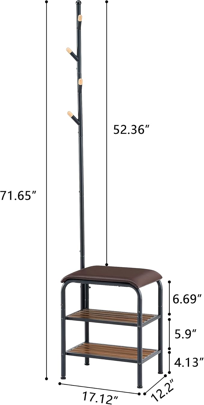 Coat Rack Stand Shoe Bench - 3 in 1 Coat Hall Tree with Shoe Storage With Benches Small Metal Shoes Shelf for Entryway Living Room Bedroom Hallway Mudroom