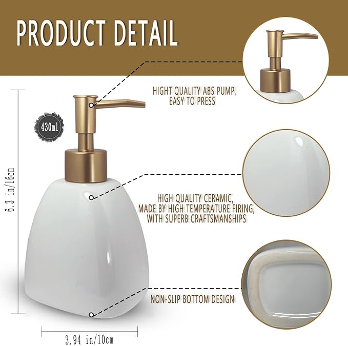 Liquid Soap Dispenser for Bathroom with Gold Pump，Dish Soap Dispenser for Kitchen，Refillable Countertop Lotion Ceramics White Hand Soap Dispenser for Shower 430ml (Pyramid White Bottle)