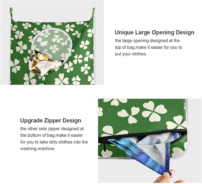 St. Patrick's Day Clovers Green Door Hanging Laundry Hamper Bag with Free Adjustable Stainless Steel Hooks Dirty Clothes Hamper Extra Large Over the Door Laundry Hamper 29.5X20inch 2Pack