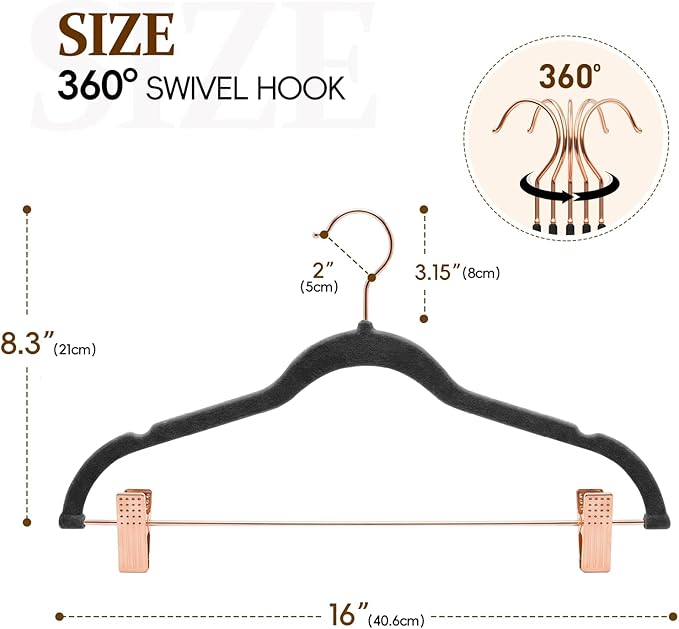 Velvet Hangers with Adjustable Clips 25 Pack, Space Saving, Non-Slip Slim Felt Clothes Hangers for Pants, Skirts, Dress, Suits, Heavy Duty Rose Gold Metal Hanger with 360° Swivel Hook (Black)