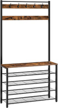 HOOBRO Hall Tree, Coat Rack with Shoe Rack, 39.4” Hall Tree with Bench, 5 Tier Shoe Storage Organizer with 9 Hooks for Entryway, Closet, Sturdy, Industrial, Rustic Brown and Black BF801MT01