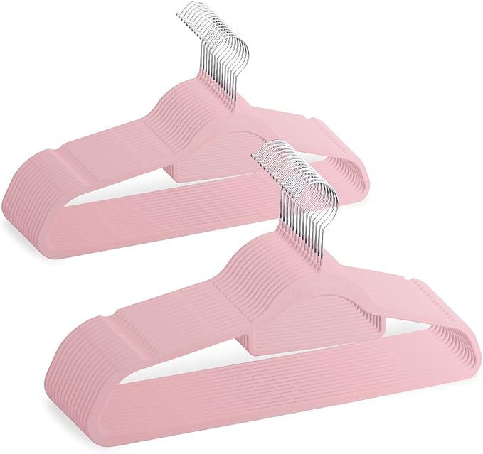 20/50 Count Velvet-Grip Hangers, Ergonomic Suit Hangers Space Savers, Commercial-Grade Thick Clothes Hangers for Coats & Chunky Knits (50PC Pink)