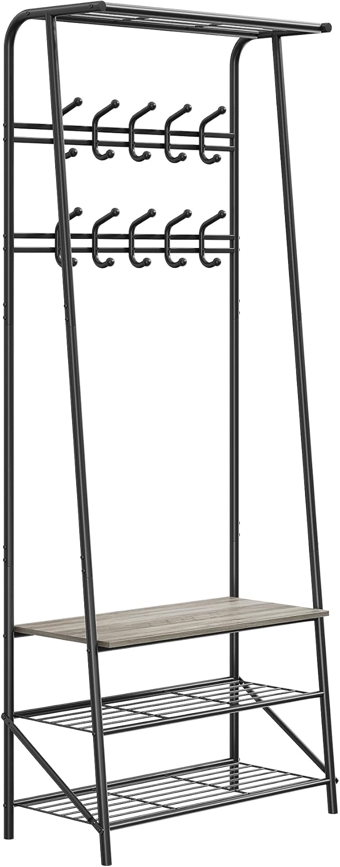 Coat Rack Shoe Bench with Double-Row 10 Hooks 60cm Width, 3-Tier Shelf Entryway Hall Tree with Storage, Metal Frame Multifunctional Organizer, 4-in-1 Coat Rack for Bathroom, Hallway.Grey.