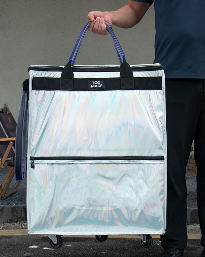 (Large, Phantom White) Reusable Grocery Bag on Wheels, Shopping Bags with Wheels and Handle, Folding Rolling Tote, Zipper Cover, Carries Up to 76 LBS, for Laundry, Picnic