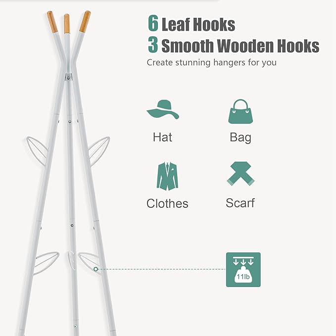 Tajsoon Coat Rack Stand, Coat Tree with Storage Basket and 9 Hooks, Coat Rack Freestanding for Bedroom, Hallway, Office, Coat Hangers Stand for Clothes, Scarves, Hats, Bags, White