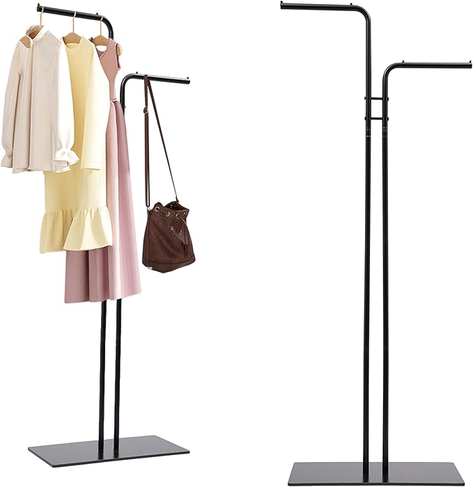 67in-Black Clothing Rack with Base, Double Rod Freestanding Coat Rack Hanging Clothes, Bags, Hat and Shoes for Entryway Bedroom Garment Organizer, Clothing Stores Boutique Retail, Studio