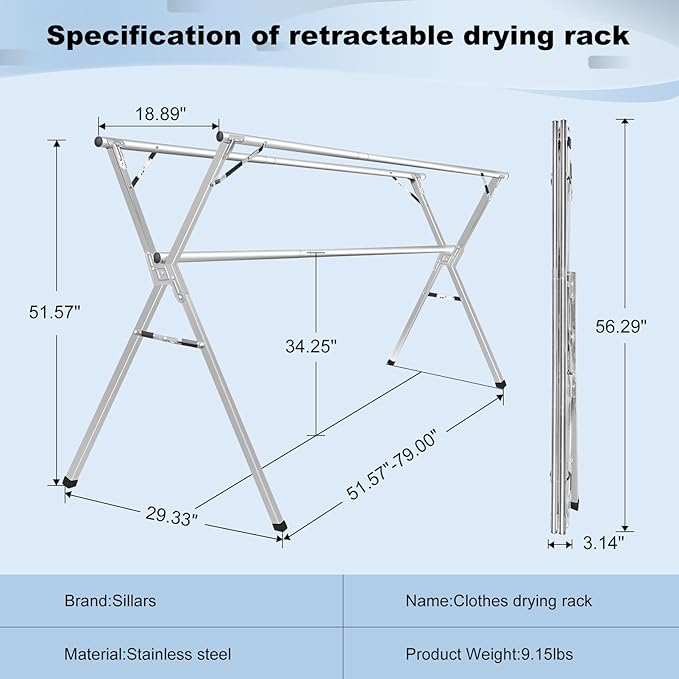Sarahipe Sillars Clothes Drying Rack, 79 inches Laundry Drying Rack Clothing Foldable & Collapsible Stainless Steel Heavy Duty Clothing Drying Rack with Windproof Hooks for Indoor Outdoor