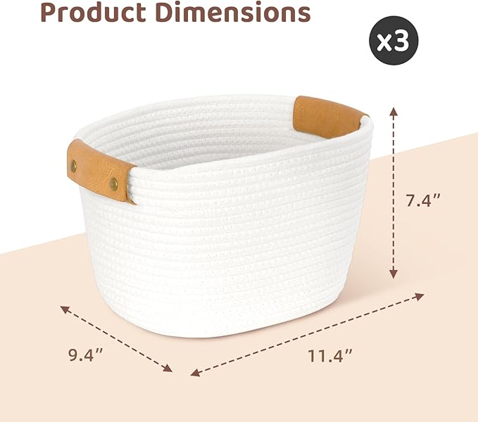 OOOK Storage Basket Set, 3 Pack Baskets for Shelves, White Storage Baskets for Organizing Toys, 11.4"Lx9.4"Wx7.4"H