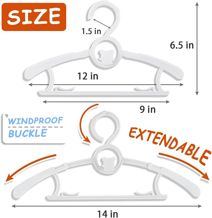 Baby Hangers for Nursery Closet 60 Pack Plastic Kids Clothes Hanger Space Saving Non Slip Extendable Toddler 11-14” Adjustable Hangers Heavy Duty Clothing Infant Hanger Bulk, White