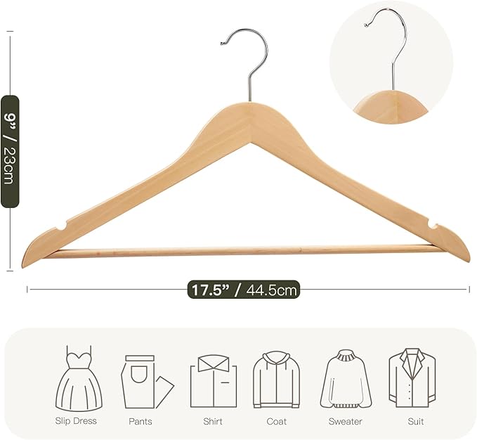 Wooden Hangers 30 Pack,Heavy Duty Solid Wooden Clothes Hangers with Pant Bar,360-Degree Rotatable Hook,Durable & Slim Wood Hangers for Coats,Jackets,Dress,Pants(Natural)