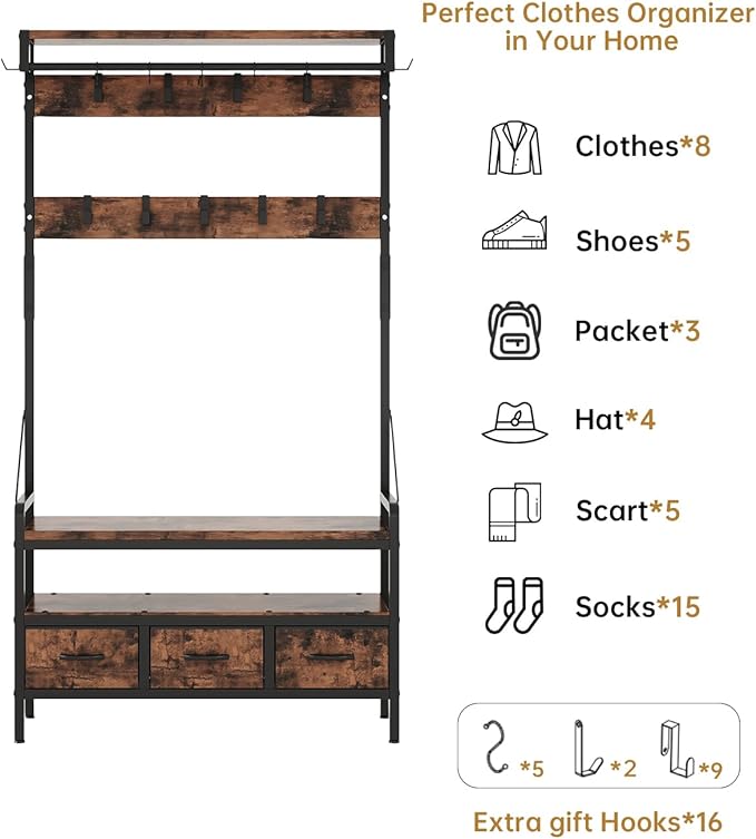 Hall Tree with Bench and Shoe Storage, Freestanding Entryway Coat Rack with 3 Fabric Drawers, 16 Hooks