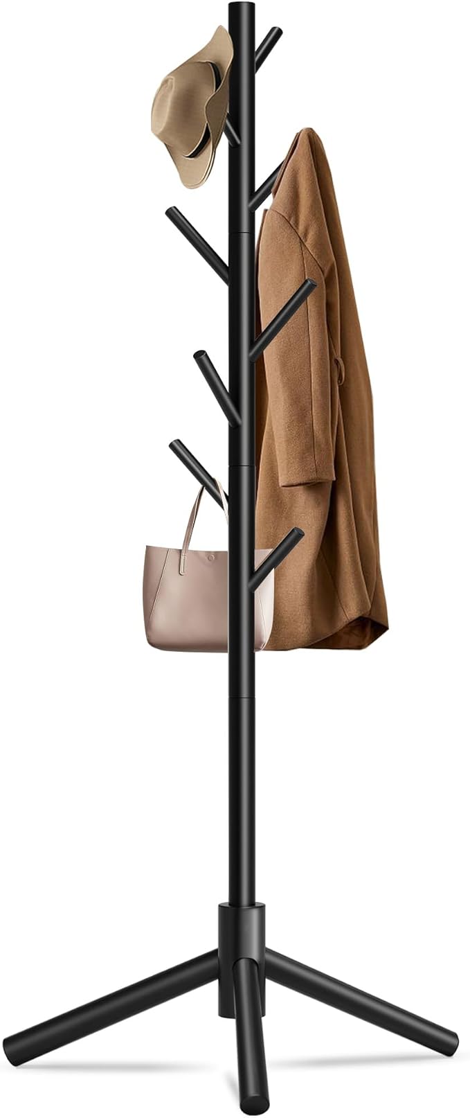 Durable Wooden Coat Rack, Freestanding Coat Rack with Stable Triangular Base, 8 Hooks & 3 Adjustable Heights, Simple Assembly for Bedroom, Hallway, Office(New Black)