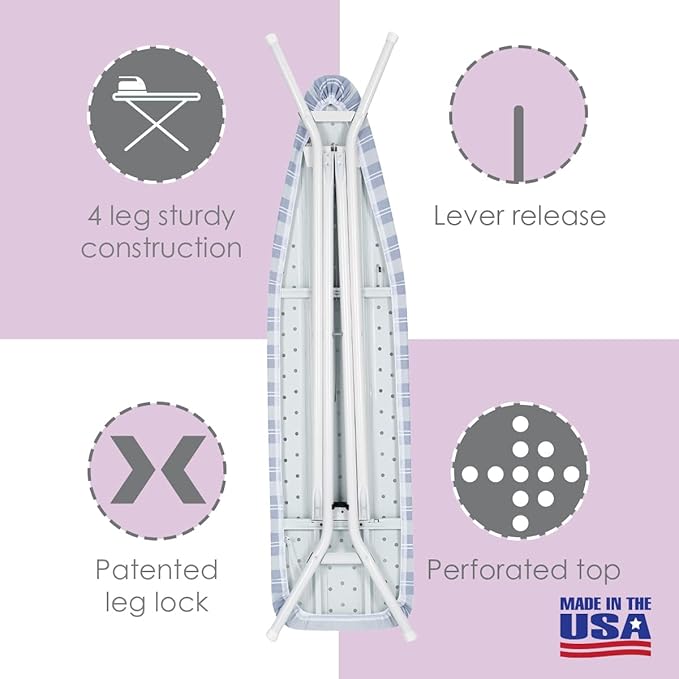 Full Size Ironing Board Made in USA – Blue Stripe by Seymour Home Products 4 Heavy-Duty Steel Legs Perforated Top for Steam Includes Cover & Pad Sturdy, Foldable Iron Board for Home & Laundry
