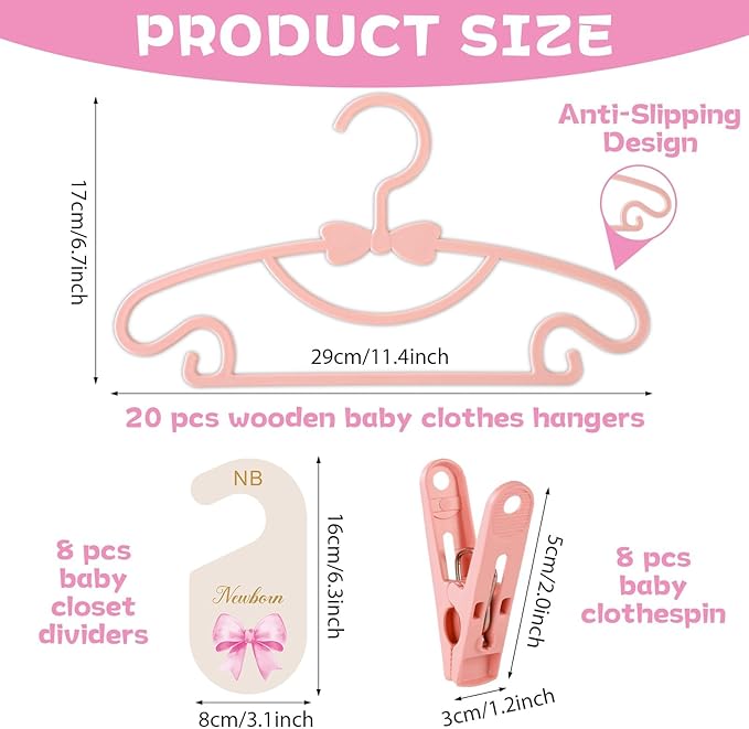 20 Pack Baby Clothes Hangers with 8Pcs Baby Closet Dividers and 8Pcs Clips, Non-Slip Toddler Clothing Hanger with Dividers for Sorting, Nursery Closet Organizer for Newborn Kids Boys Girls (Pink Bow)
