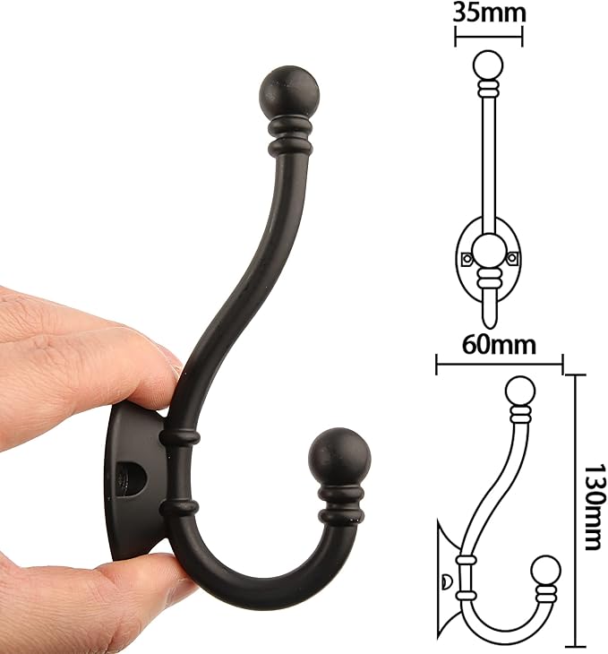 HASWARE 6 PCS Double Prong Robe Hook, Large Dual Coat Hooks with 12 Pieces Screws Wall Mounted Hooks Robe Antique Hooks Hangers Heavy Duty for Home Coats Hat Clothes Hanger Towel Keys (Matte Black)