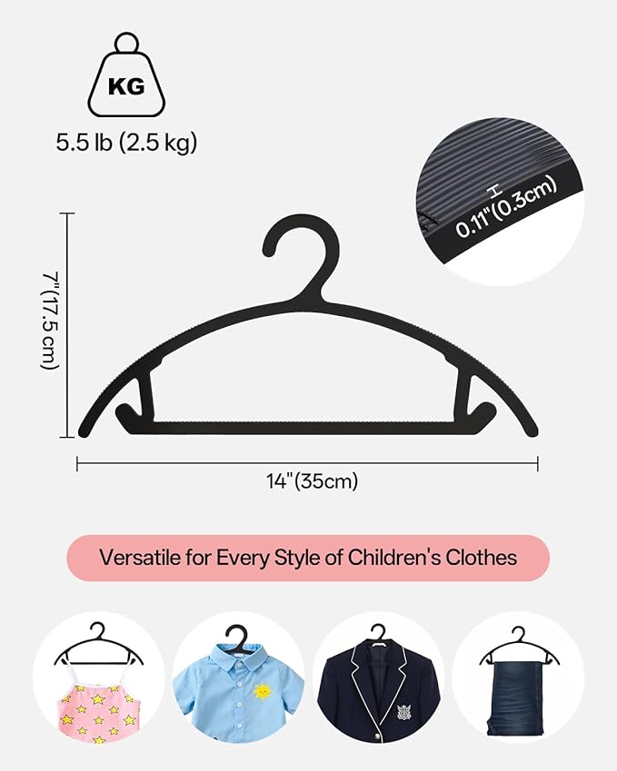 60 Pack Kids Hangers, Non-Slip & Sturdy Coat Hangers, Ultra-Thin Plastic Suit Hangers for 7-12 Years Old, Dry & Wet Dual-Use Multi-Scenario Storage, Holds Up to 11 LB, 14" W, Black, UAPY0960B