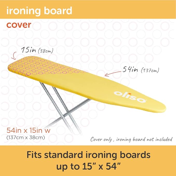 oliso Ironing Board Cover – 100% Cotton with Professional Felt Pad, Fits Standard 54" x 15" Boards – Secure Fit with Wide Elastic Edge & Adjustable Straps – Yellow