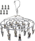 Stainless Steel Laundry Drying Rack Clothing Sock Drip Clothes Drying Hanger with 24 Clips, Swivel Windproof Hook Round Heavy Duty Underwear Hanger for Indoor Outdoor Wet and Dry (Grey)