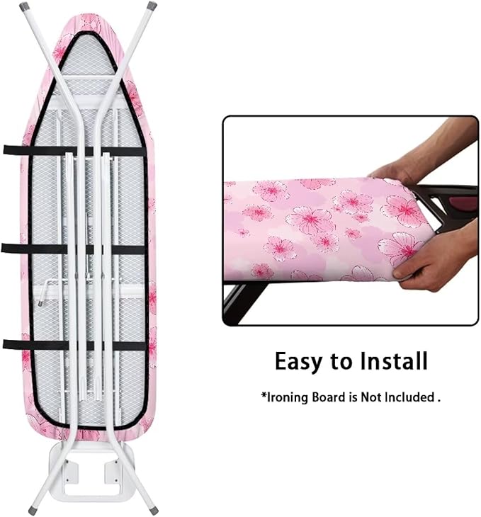 Flashideas Pink Flower Ironing Board Cover with Elastic Edge Non Stick Scorch Stain Resistant Cover Heavy Duty Iron Pad Covers Standard Boards with Hook and Loop Fastener Strap