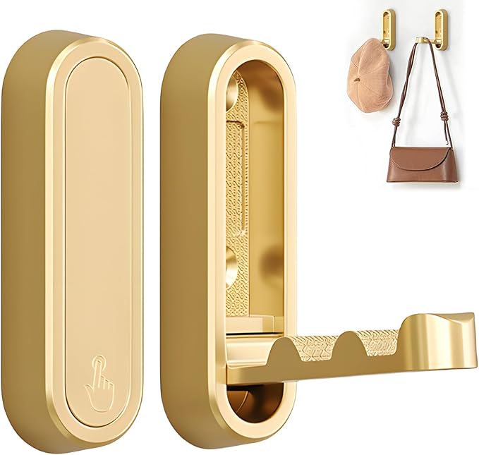 2Pcs Foldable Wall Hooks, Zinc Alloy Folding Hook Gold, Heavy Duty Folding Coat Hooks Wall Mounted for Hanging Coat Towels Bags Keys (Gold, 2 Pack)
