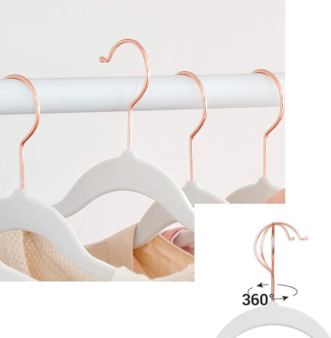 SONGMICS Slim Velvet Hangers, Non-Slip Clothes Hangers with Rose Gold Swivel Hooks, Space-Saving, for Closet, 50 Pack, White UCRF026W03