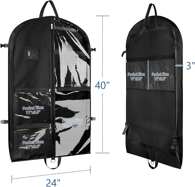 Zilink Black Dance Costume Bags Garment Bag 40 Inch for Dance Competitions with 5 Clear Zipper Pockets and Handles for Dance Competition Closet Storage