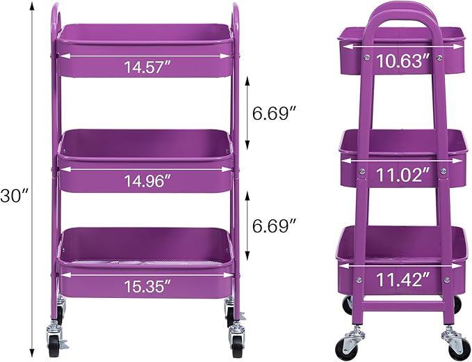 AGTEK 3 Tier Utility Rolling Cart with Lockable Wheels, Metal Multifunctional Storage, Organizer Cart for Kitchen, Office, Living Room, Makeup, Craft, Art Studio, Violet