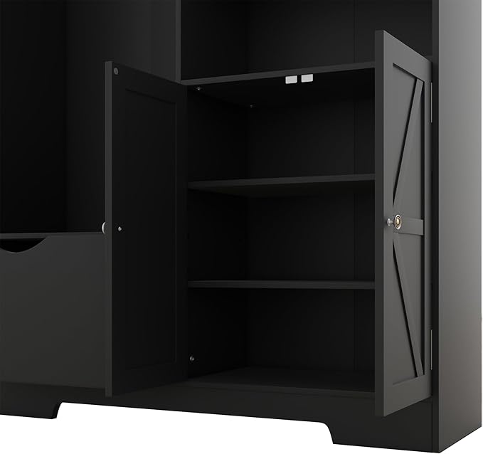 Modern Wood Entryway Hall Tree with Storage Shelves Drawers and Cabinet, Multi-functional Coat Rack Shoe Cabinet with Hooks and Bench for Entrance Entryways (Black-K27)