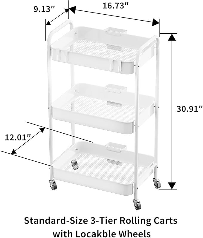 JAQ Makeup Carts, 3-Tier Metal Rolling Utility Storage Organizer Cart Shelf with Wheels for Craft Office Supplies Diapper Snack in Bathroom Kitchen Laundry Classroom Dorm -(3-Tier,White)