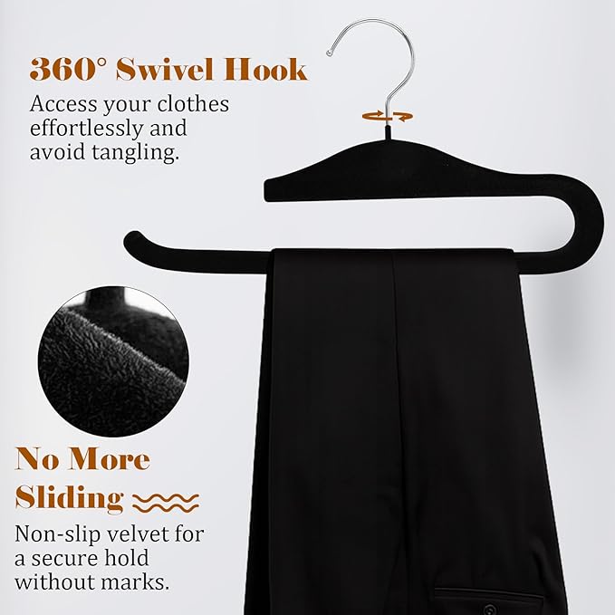 Velvet Pants Hangers,10 Pack Non Slip Space Saving Clothes Hanger, Heavy Duty Pants Hangers for Closet for Pants Jeans Skirts Tank Top Towel(Black)