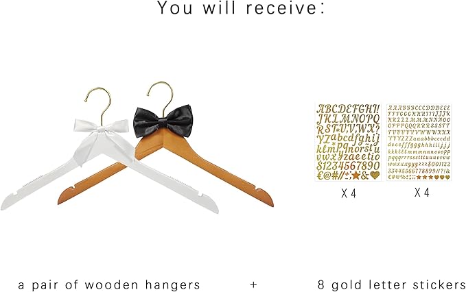 Personalized Bride Hanger for Wedding Dress Wooden Wedding Dress Hangers, DIY Your Name, Title, and Wedding Date,Set of 2(White + Vintage)