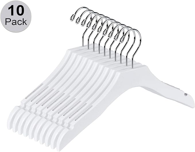Quality White Wooden Kids Hanger Luxury Design Chrome Swivel Hook (10, 13" inch)