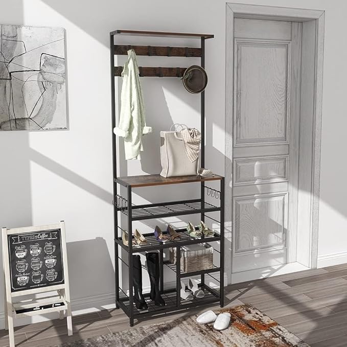 GiftGo Vintage Large 5-Tier Hall Tree with Console Table Entryway Coat Rack Floor Standing Shoes Rack Storage Shelf Organizer for Home Office Bedroom (Rustic Brown)