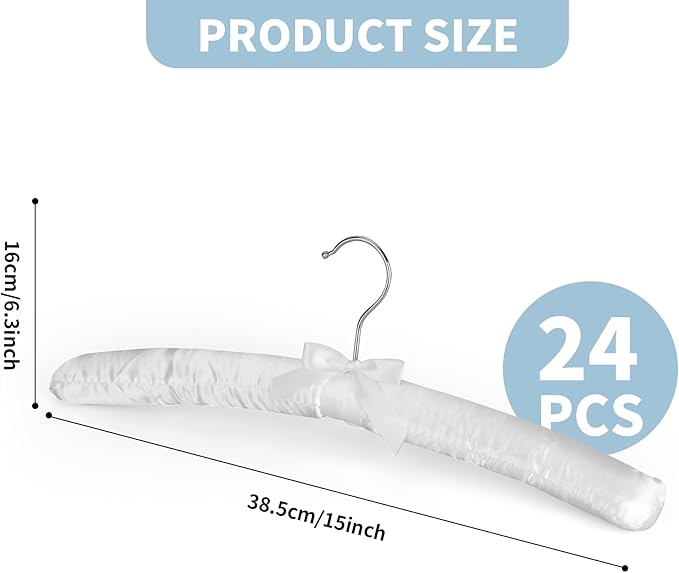 24Pack Non Slip Padded Hangers for Clothing, Satin Hanger Padded, SOFE Foam Padded Hangers for Women Sweaters Coat Blouses Dresses, No Shoulder Bump, White