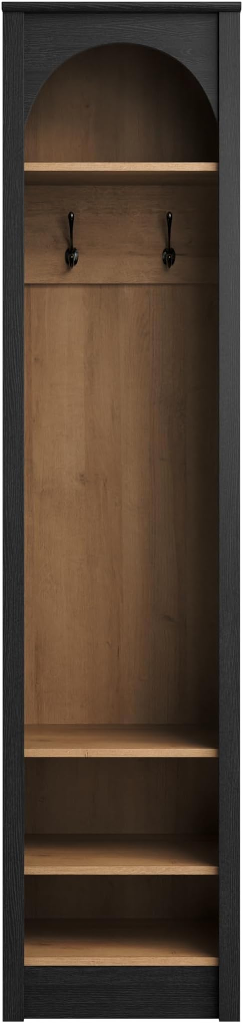 Prepac Ark 76" Tall Arched Entryway Coat Rack in Black Oak with Natural Oak Interior, Hall Tree with 2 Adjustable Shelves, Modern Furniture for Entryway and Living Room, 13.25" D x 18" W x 76" H