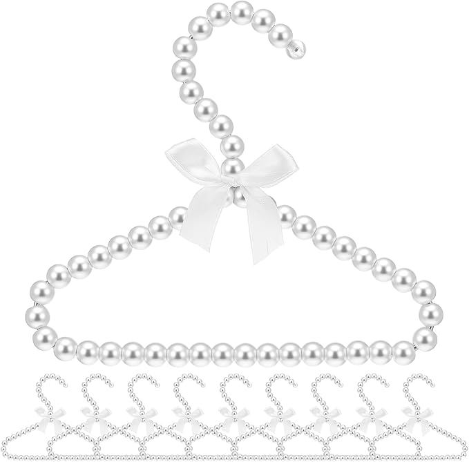 10Pcs Pearl Beaded Clothes Hangers, Mini Pearl Beads Small Metal Clothes Hangers with Ribbon, Elegant Standard Hanger for Women Dog Cat (White)