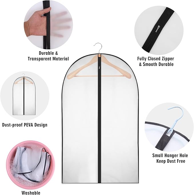 Garment Bags for Hanging Clothes, Clear Proof Suits Covers with 4" Gussets for Closet Storage and Travel Hanging Clothes Bag for Coat, Sweater, Jacket, Dress, Shirts (10 Pack - 24" x 48")