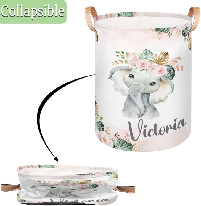 Personalized Laundry Basket, Custom Gift Laundry Hamper, Collapsible Nursery Waterproof Laundry Baskets, Dirty Clothes Toy Hamper with Handles Tropical Elephant Pink