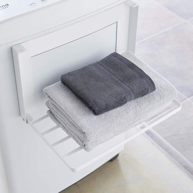 Foldable Magnetic Shelf for Washer and Dryer – Upgraded 3-Strip Strong Magnet Side Rack, Holds 11 lbs, Large 16" x 10" Carbon Steel Space Saving Storage Organizer for Laundry Room, White