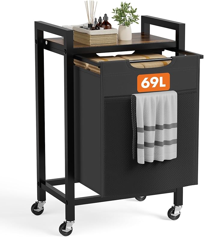 NEWBULIG Rolling Laundry Hamper with Removable Pull-Out Bag, Freestanding Clothes Basket Organizer with Wheels for Bathroom & Bedroom, 1 x 18.3 Gallon (69L) - Rustic Brown & Black