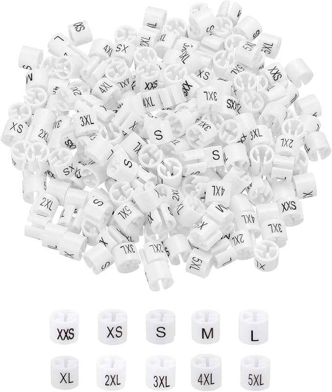 MECCANIXITY Clothes Hanger Marker XXS/XS/S/M/L/XL/2XL/3XL/4XL/5XL Size Tag Fit 3mm Rod White for Garment Clothing Color Coding, 250Pcs