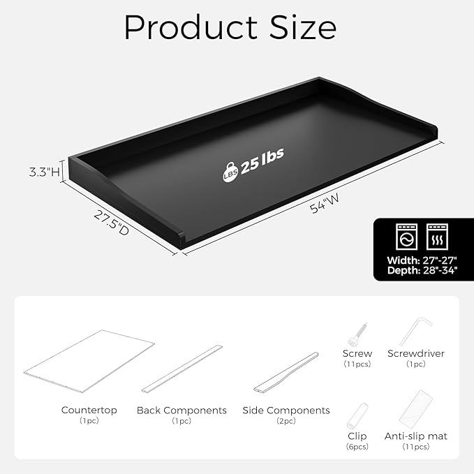 Washer Dryer Countertop, 54" W x 27.5"D Washer Dryer Topper with Non-Slip Mat, Laundry Countertop Organizer for Folding Clothes, Black