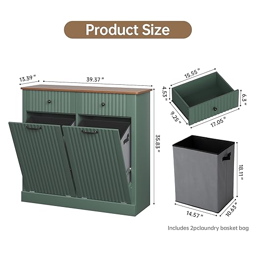Fluted Tilt Out Laundry Hamper Cabinet, 10 Gallon Hidden Trash Can Cabinet, Wooden 2 in 1 Tilt Out Garbage Can for Kitchen, Bathroom (Green, Full)